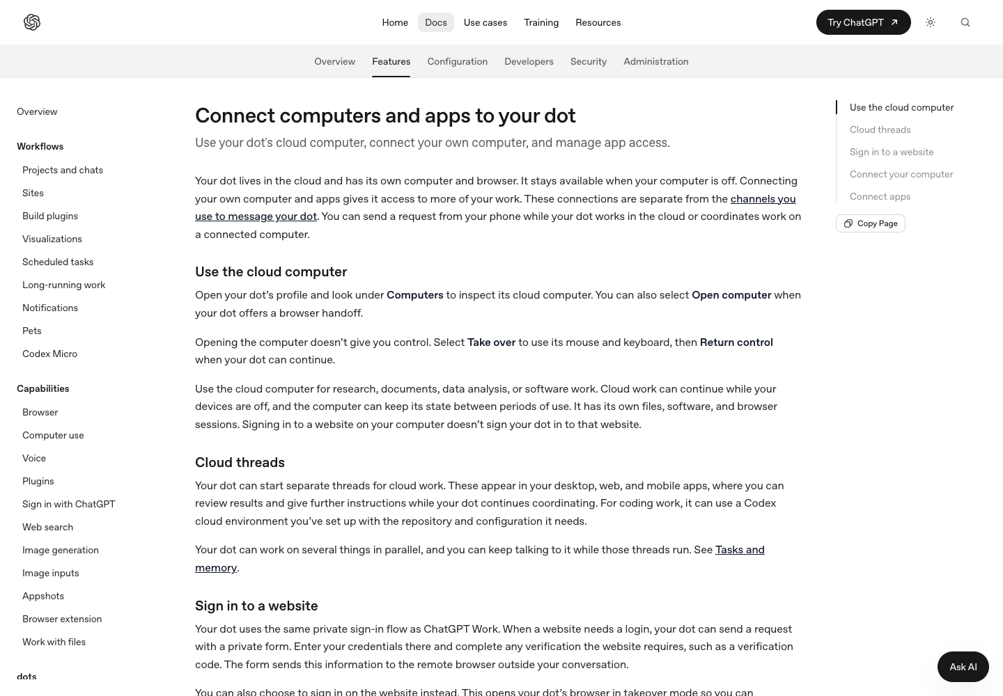 Client setup reference: official OpenAI Dots documentation or entry page. This is not a screenshot of a new authenticated setup in every client.